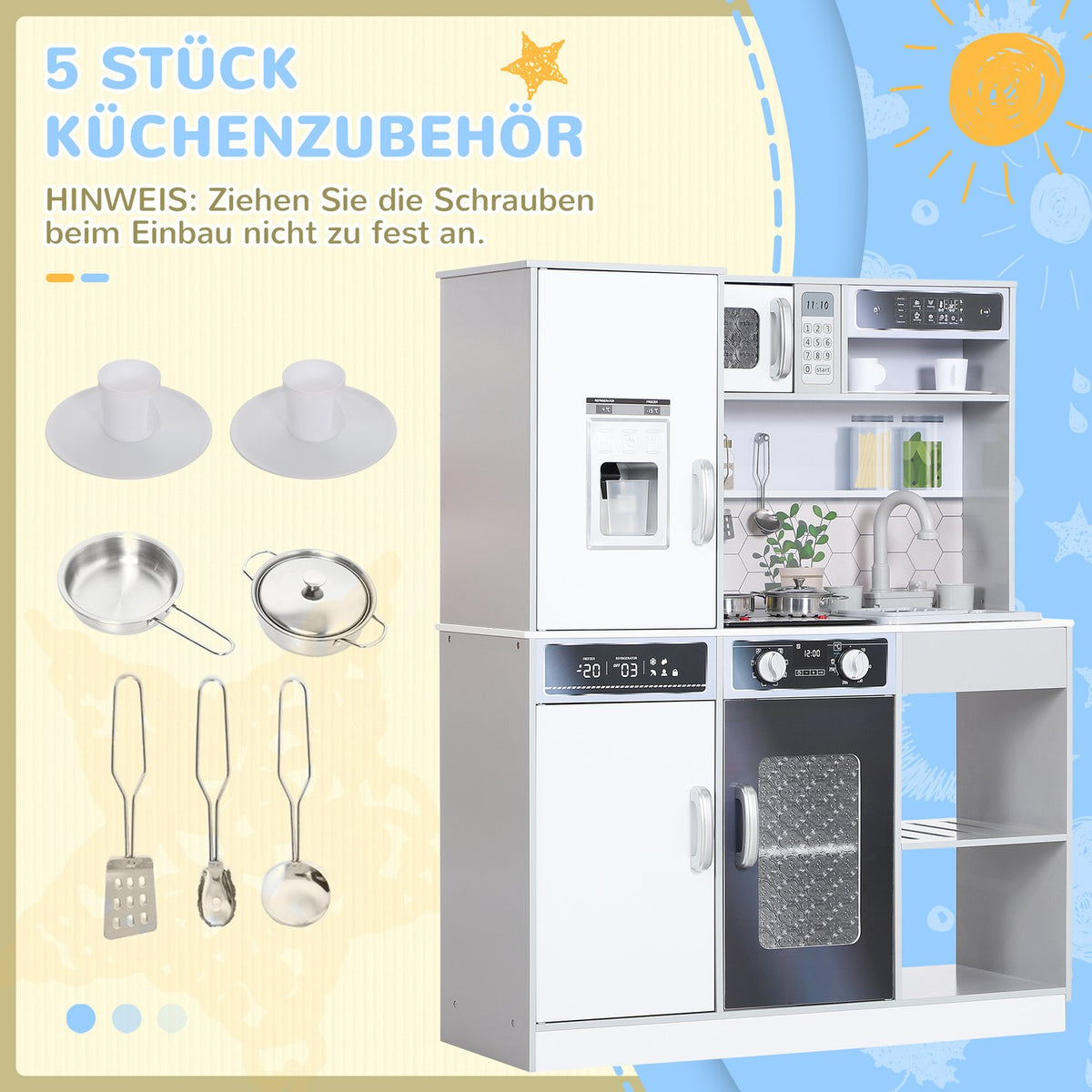 Children's kitchen play kitchen with lights and sounds cooking stove, running water, coffee maker, refrigerator, microwave, ice maker, kitchen accessories for 3-8 years children, white