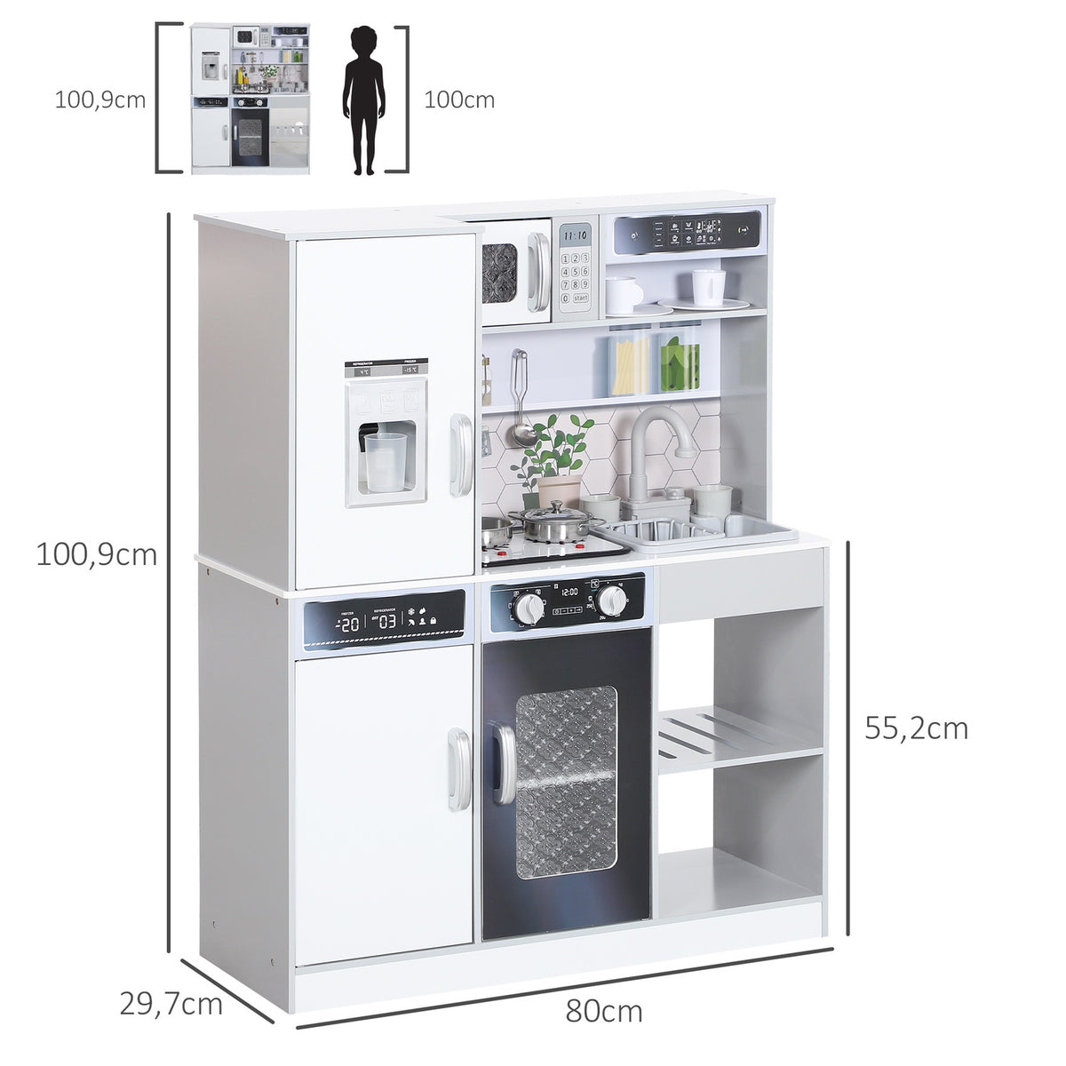 Children's kitchen play kitchen with lights and sounds cooking stove, running water, coffee maker, refrigerator, microwave, ice maker, kitchen accessories for 3-8 years children, white