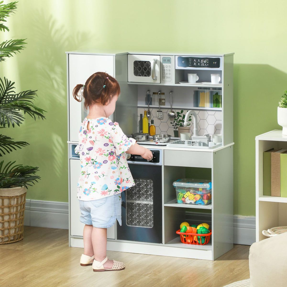 Children's kitchen play kitchen with lights and sounds cooking stove, running water, coffee maker, refrigerator, microwave, ice maker, kitchen accessories for 3-8 years children, white