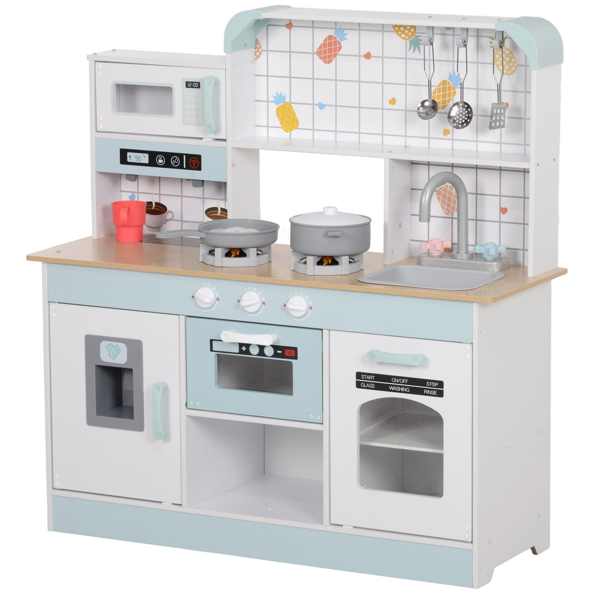 Children's kitchen play kitchen with lights, sounds, coffee maker, ice maker, microwave, oven, kitchen accessories, doll kitchen for 3+ years children, white