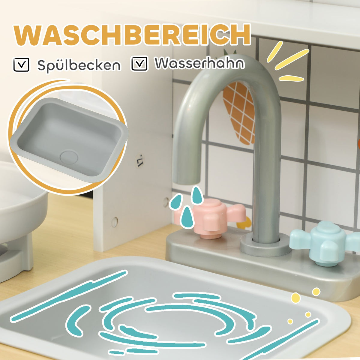 Children's kitchen play kitchen with lights, sounds, coffee maker, ice maker, microwave, oven, kitchen accessories, doll kitchen for 3+ years children, white