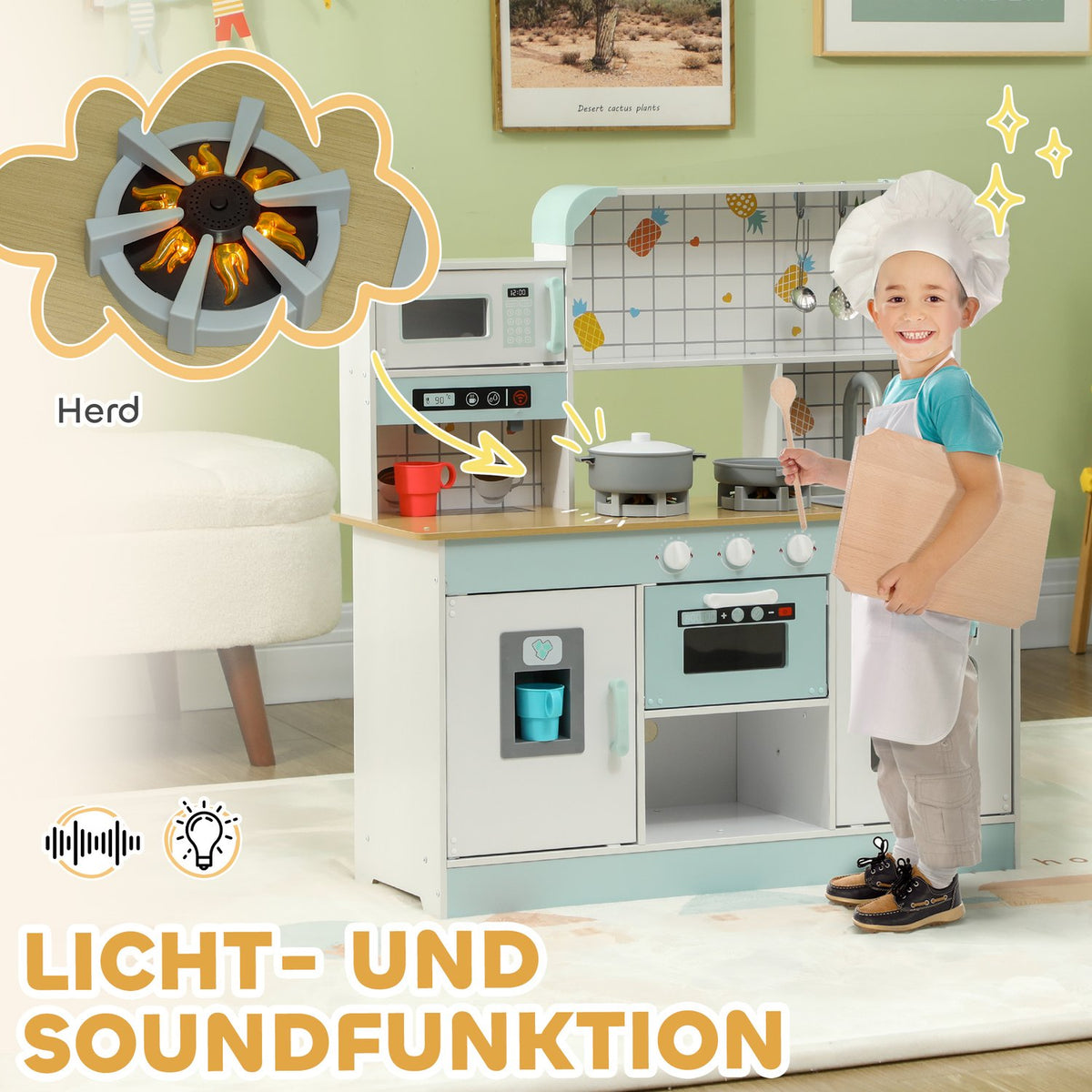 Children's kitchen play kitchen with lights, sounds, coffee maker, ice maker, microwave, oven, kitchen accessories, doll kitchen for 3+ years children, white