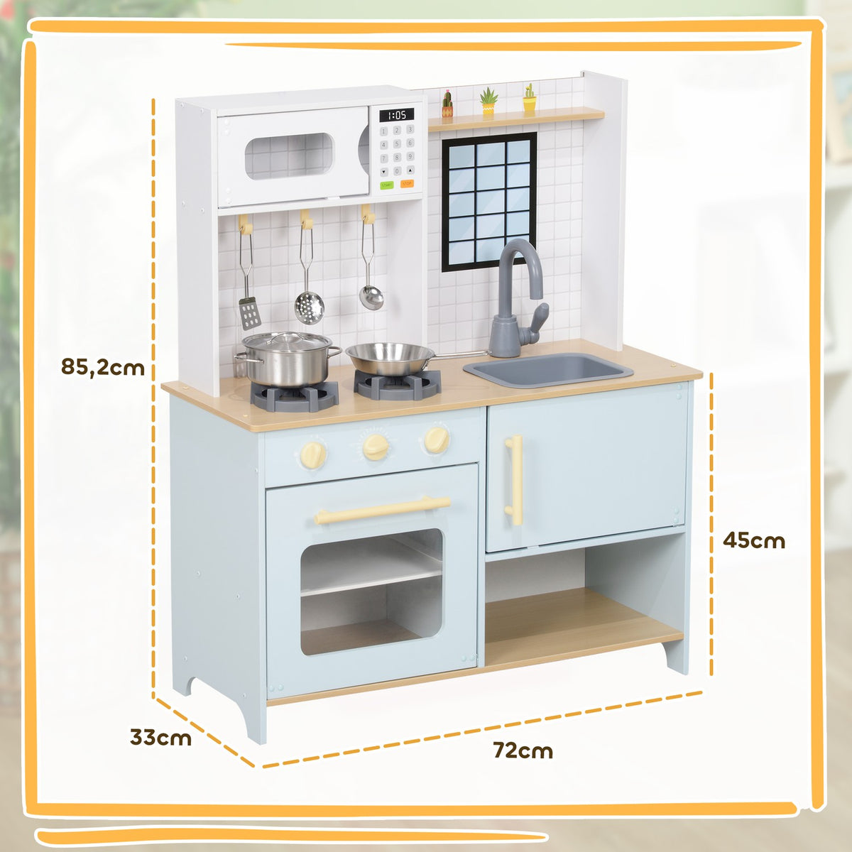 Children's kitchen play kitchen with microwave, stove, oven and kitchen accessories, doll's kitchen with storage space for 3+ years children, blue
