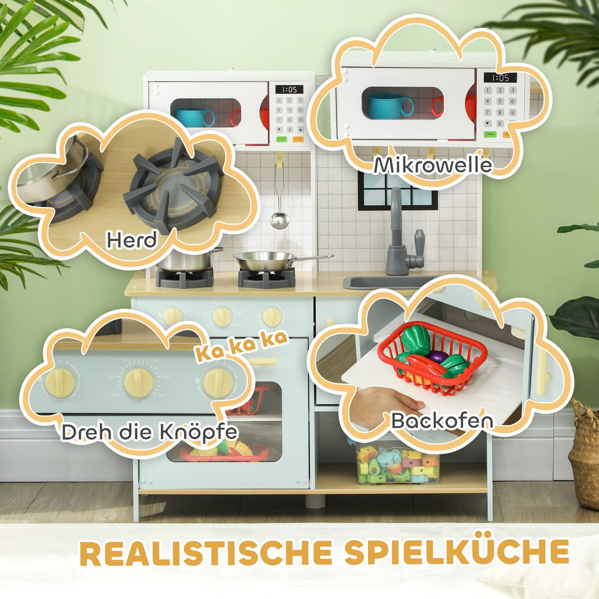 Children's kitchen play kitchen with microwave, stove, oven and kitchen accessories, doll's kitchen with storage space for 3+ years children, blue