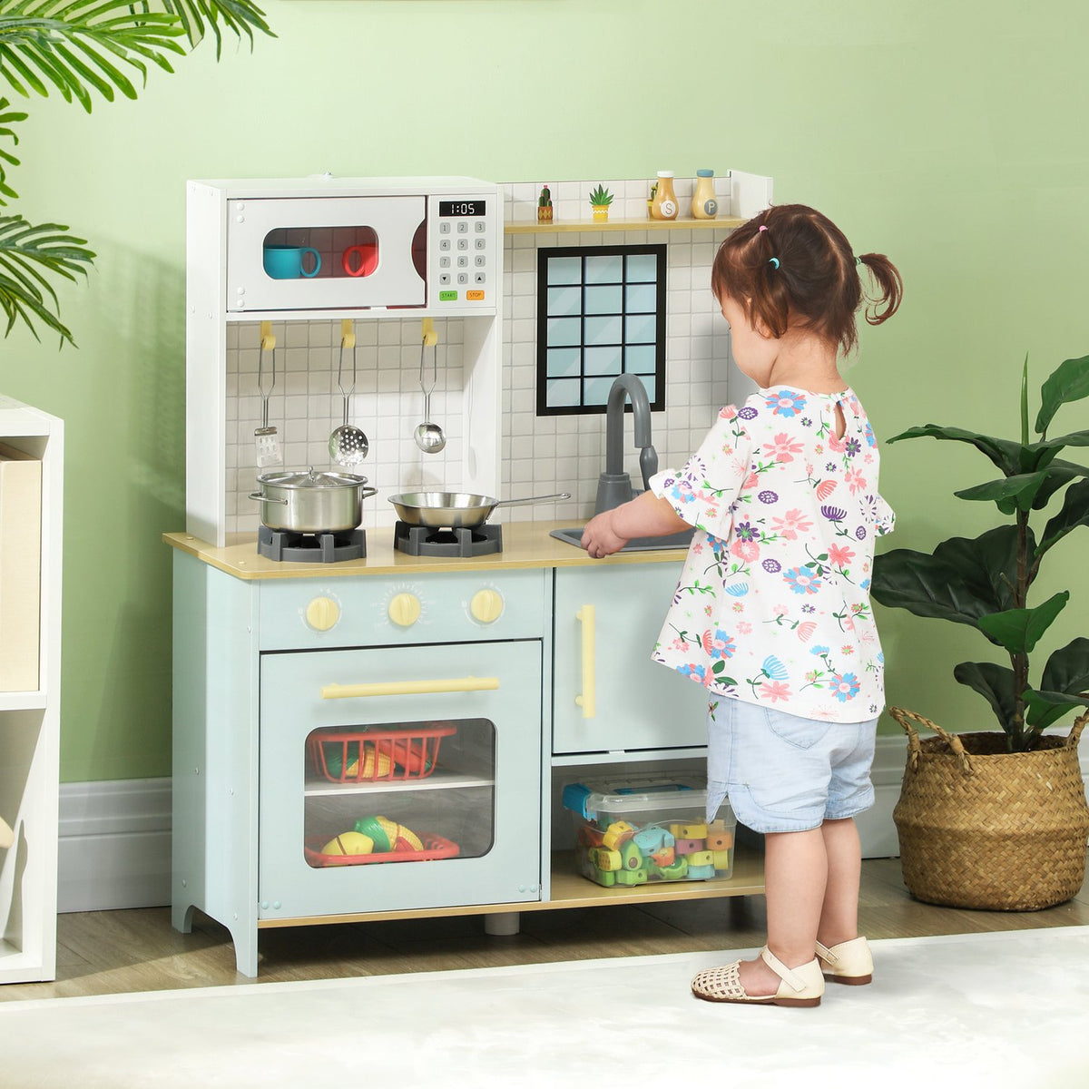 Children's kitchen play kitchen with microwave, stove, oven and kitchen accessories, doll's kitchen with storage space for 3+ years children, blue