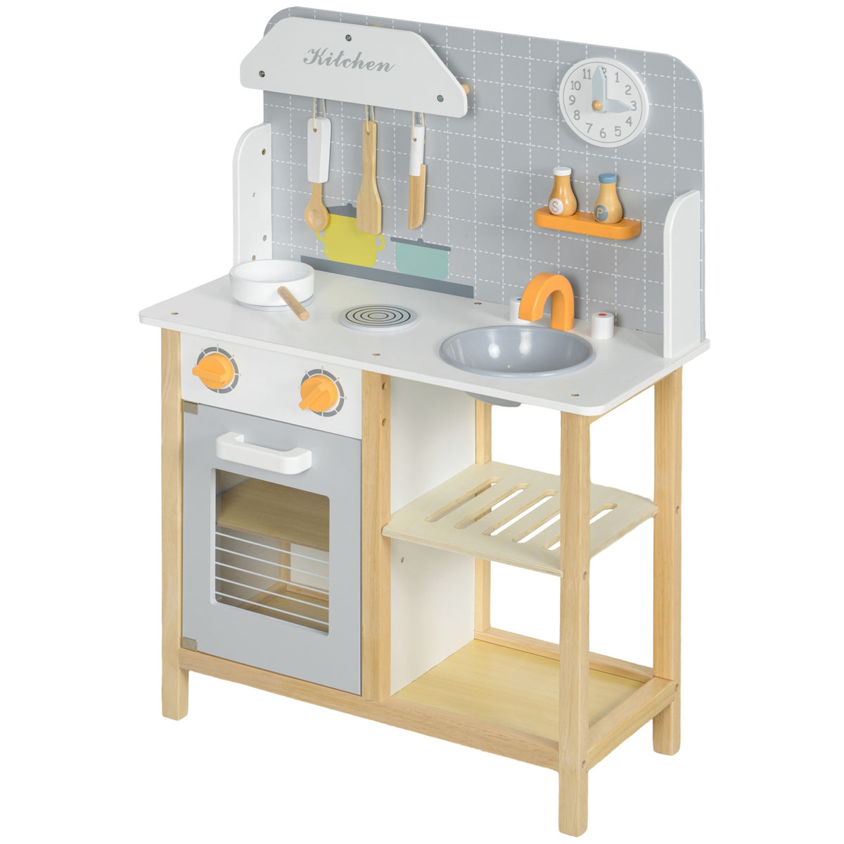Children's kitchen play kitchen with stove, oven, sink, clock and shelves, doll kitchen with tap, cookware set, accessories for 3-6 years children, grey