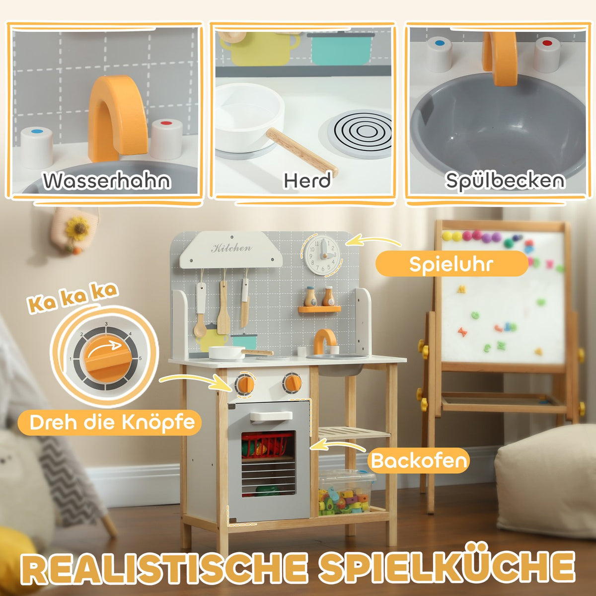 Children's kitchen play kitchen with stove, oven, sink, clock and shelves, doll kitchen with tap, cookware set, accessories for 3-6 years children, grey