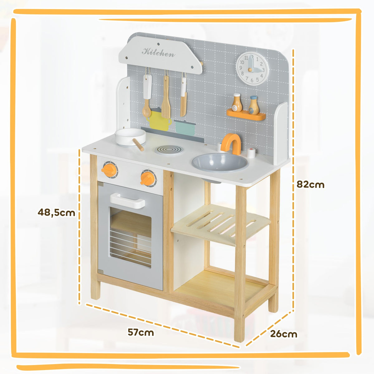 Children's kitchen play kitchen with stove, oven, sink, clock and shelves, doll kitchen with tap, cookware set, accessories for 3-6 years children, grey
