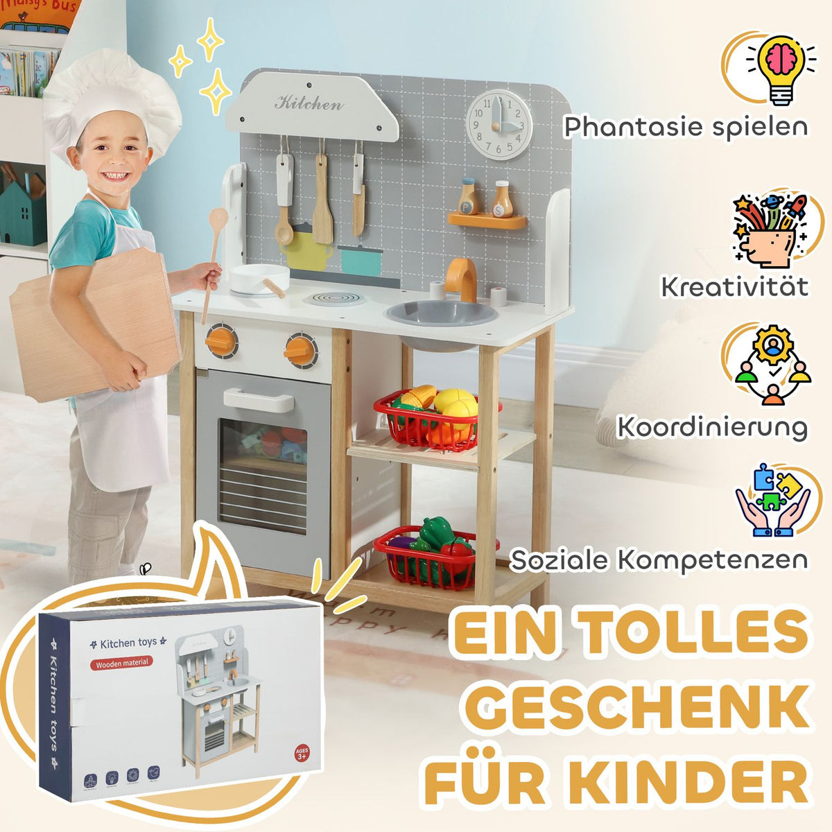 Children's kitchen play kitchen with stove, oven, sink, clock and shelves, doll kitchen with tap, cookware set, accessories for 3-6 years children, grey