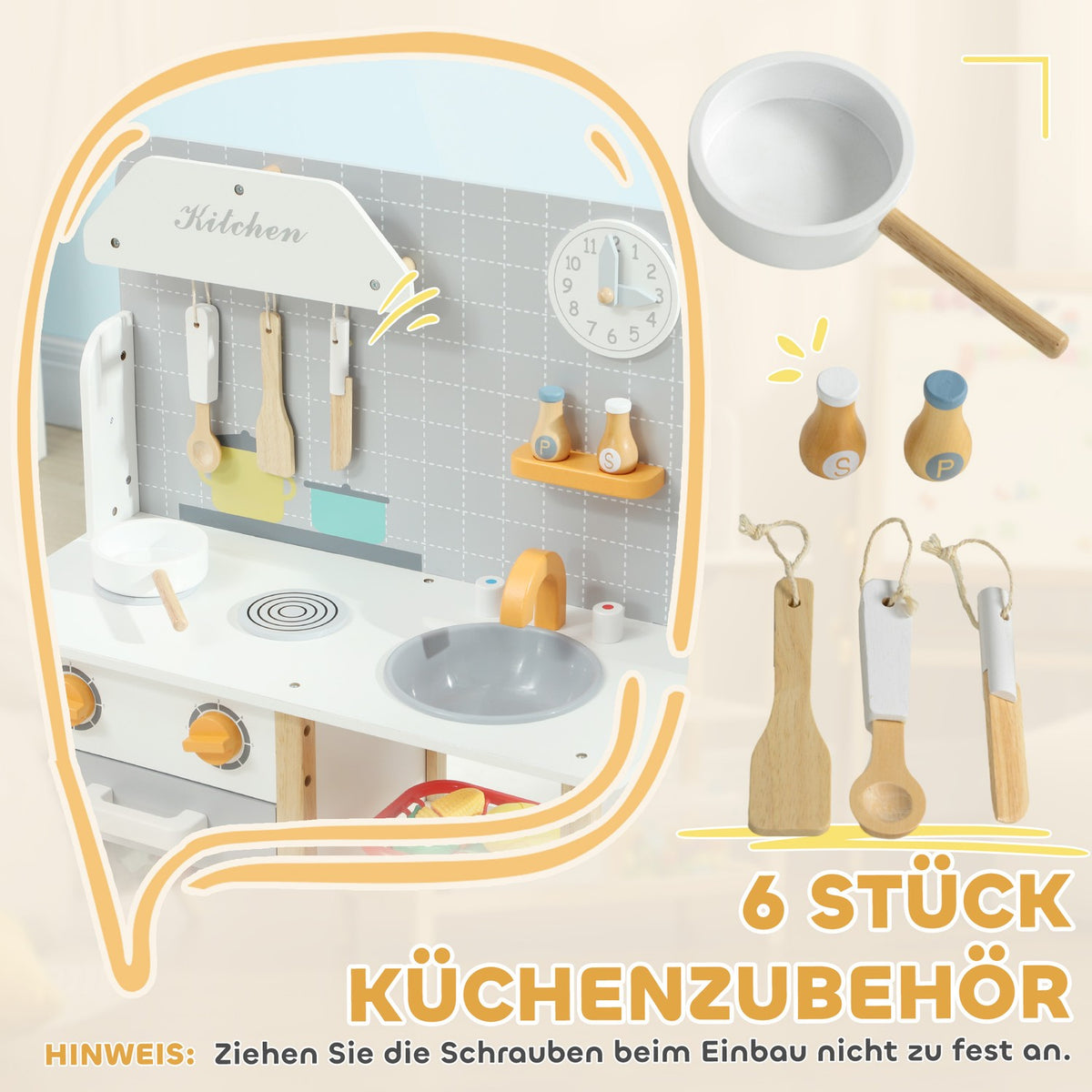 Children's kitchen play kitchen with stove, oven, sink, clock and shelves, doll kitchen with tap, cookware set, accessories for 3-6 years children, grey