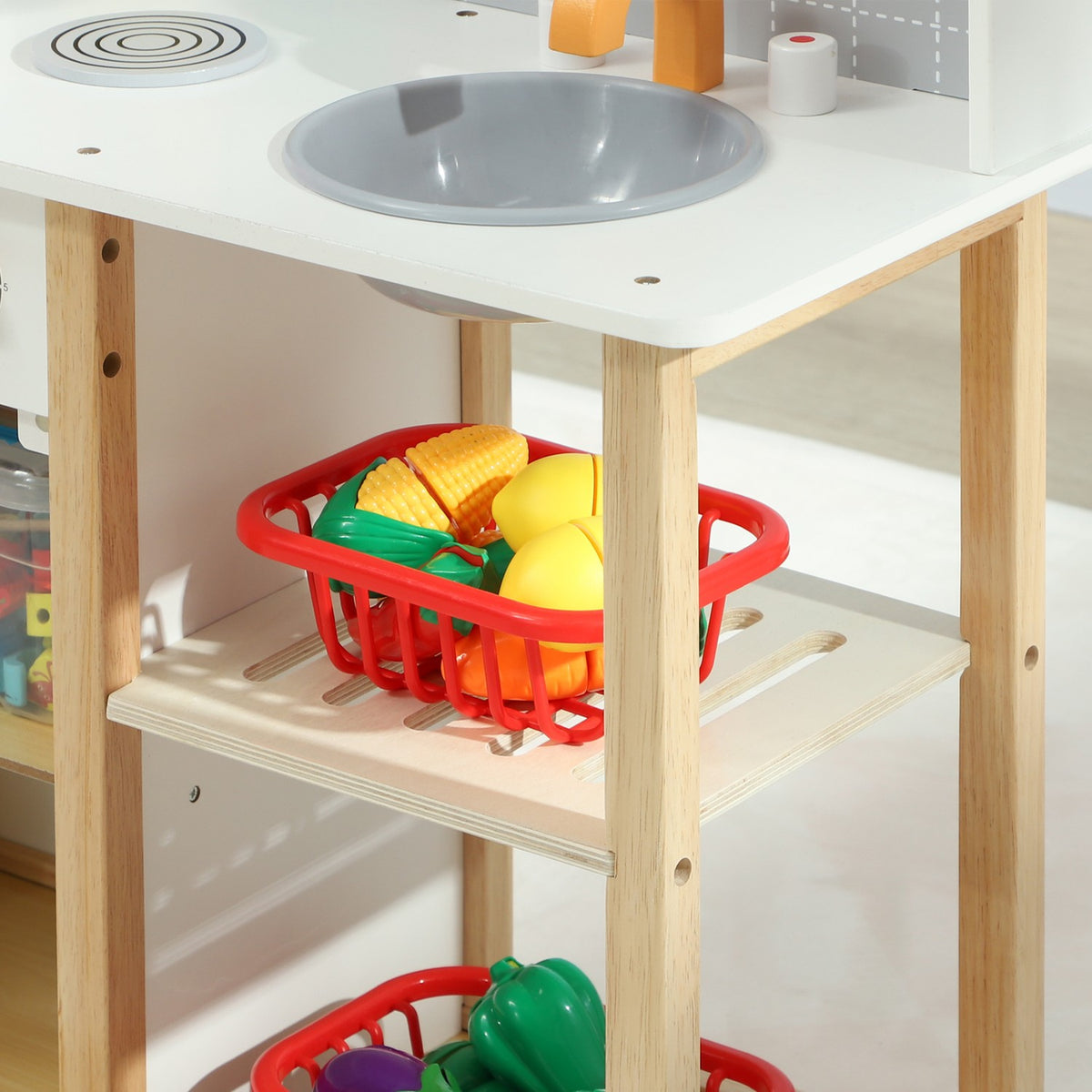 Children's kitchen play kitchen with stove, oven, sink, clock and shelves, doll kitchen with tap, cookware set, accessories for 3-6 years children, grey