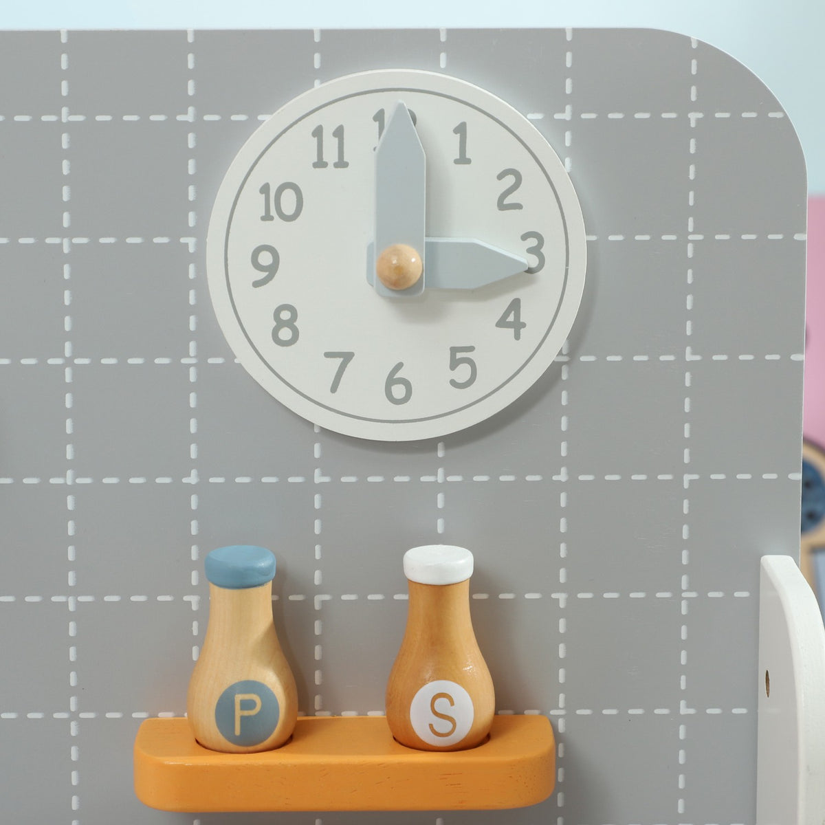 Children's kitchen play kitchen with stove, oven, sink, clock and shelves, doll kitchen with tap, cookware set, accessories for 3-6 years children, grey