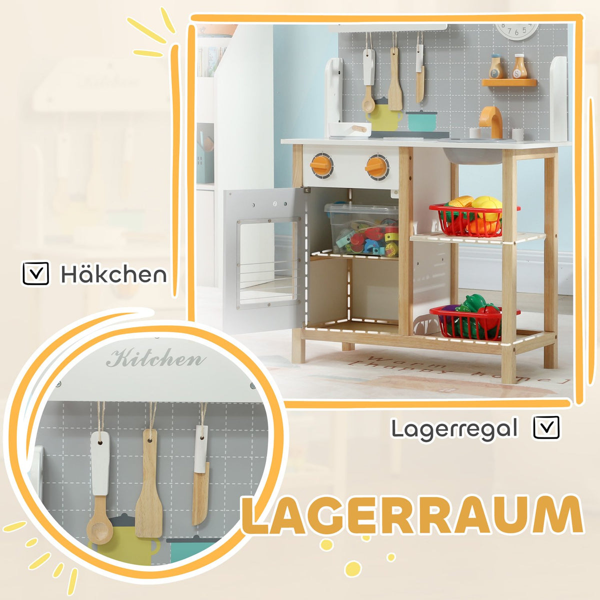 Children's kitchen play kitchen with stove, oven, sink, clock and shelves, doll kitchen with tap, cookware set, accessories for 3-6 years children, grey