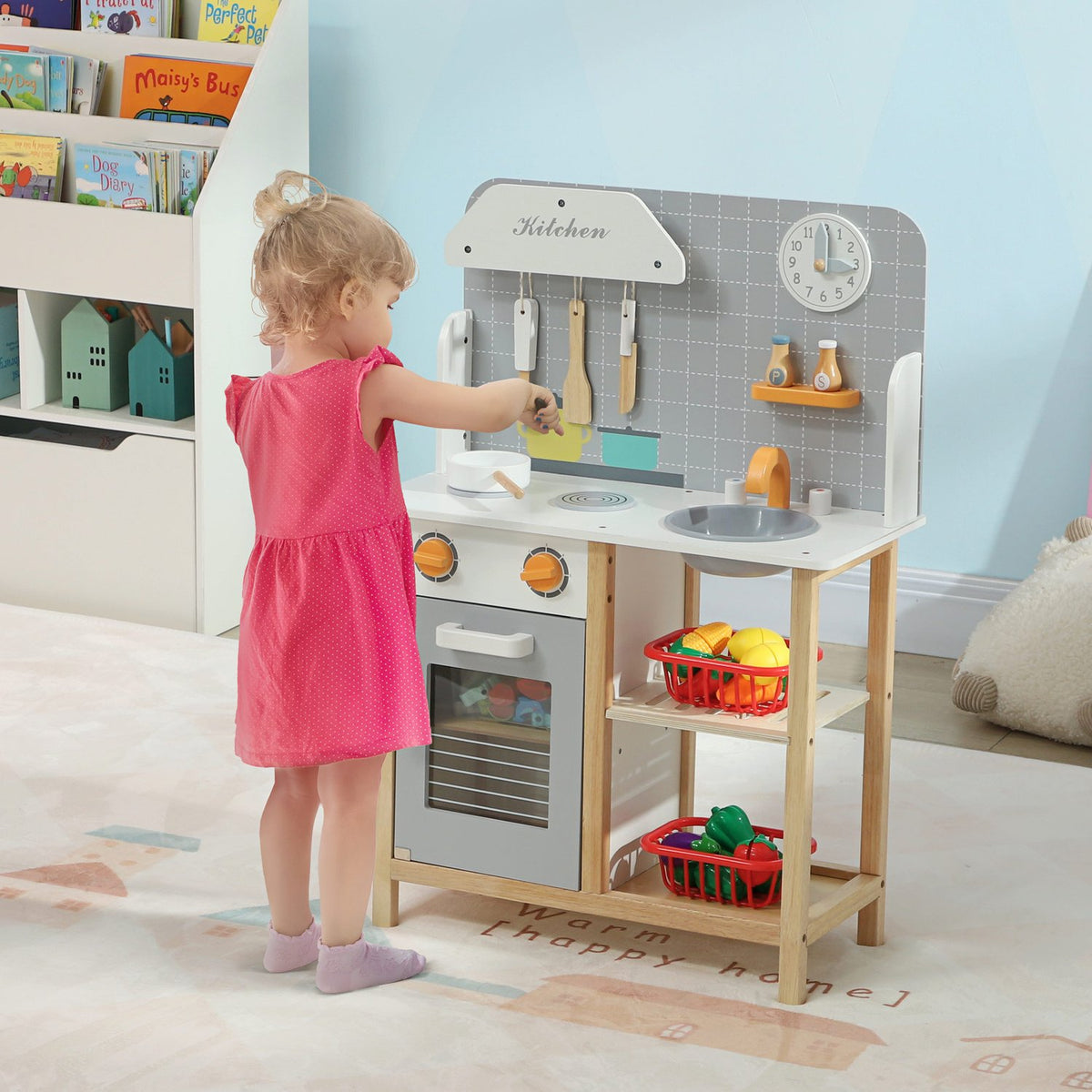 Children's kitchen play kitchen with stove, oven, sink, clock and shelves, doll kitchen with tap, cookware set, accessories for 3-6 years children, grey