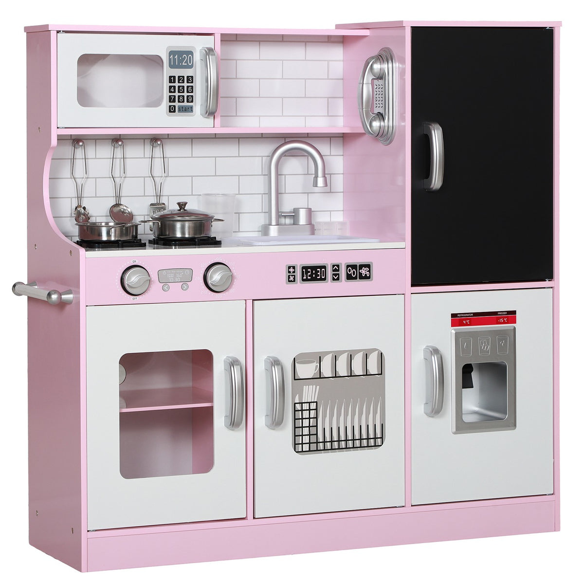 Children's kitchen play kitchen with toy telephone, chalkboard, microwave, stove, sink, doll kitchen with kitchen accessories, ice cube machine for 3-8 years children, pink