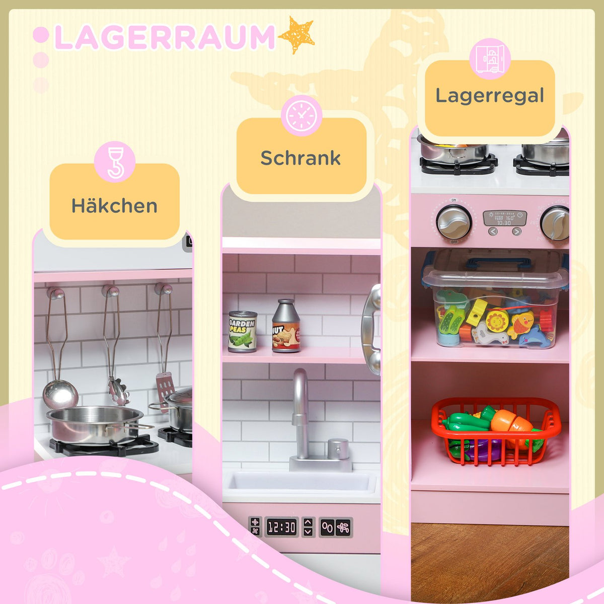 Children's kitchen play kitchen with toy telephone, chalkboard, microwave, stove, sink, doll kitchen with kitchen accessories, ice cube machine for 3-8 years children, pink