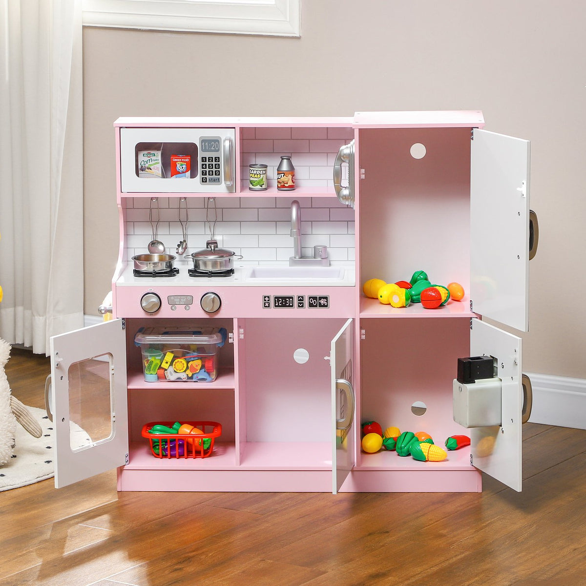 Children's kitchen play kitchen with toy telephone, chalkboard, microwave, stove, sink, doll kitchen with kitchen accessories, ice cube machine for 3-8 years children, pink