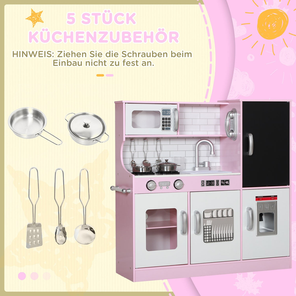 Children's kitchen play kitchen with toy telephone, chalkboard, microwave, stove, sink, doll kitchen with kitchen accessories, ice cube machine for 3-8 years children, pink
