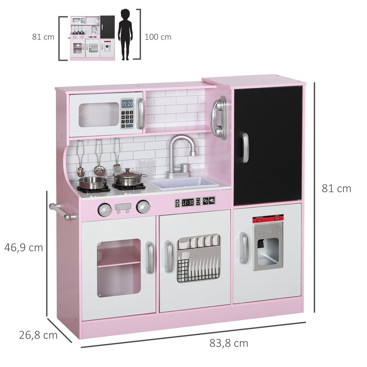 Children's kitchen play kitchen with toy telephone, chalkboard, microwave, stove, sink, doll kitchen with kitchen accessories, ice cube machine for 3-8 years children, pink