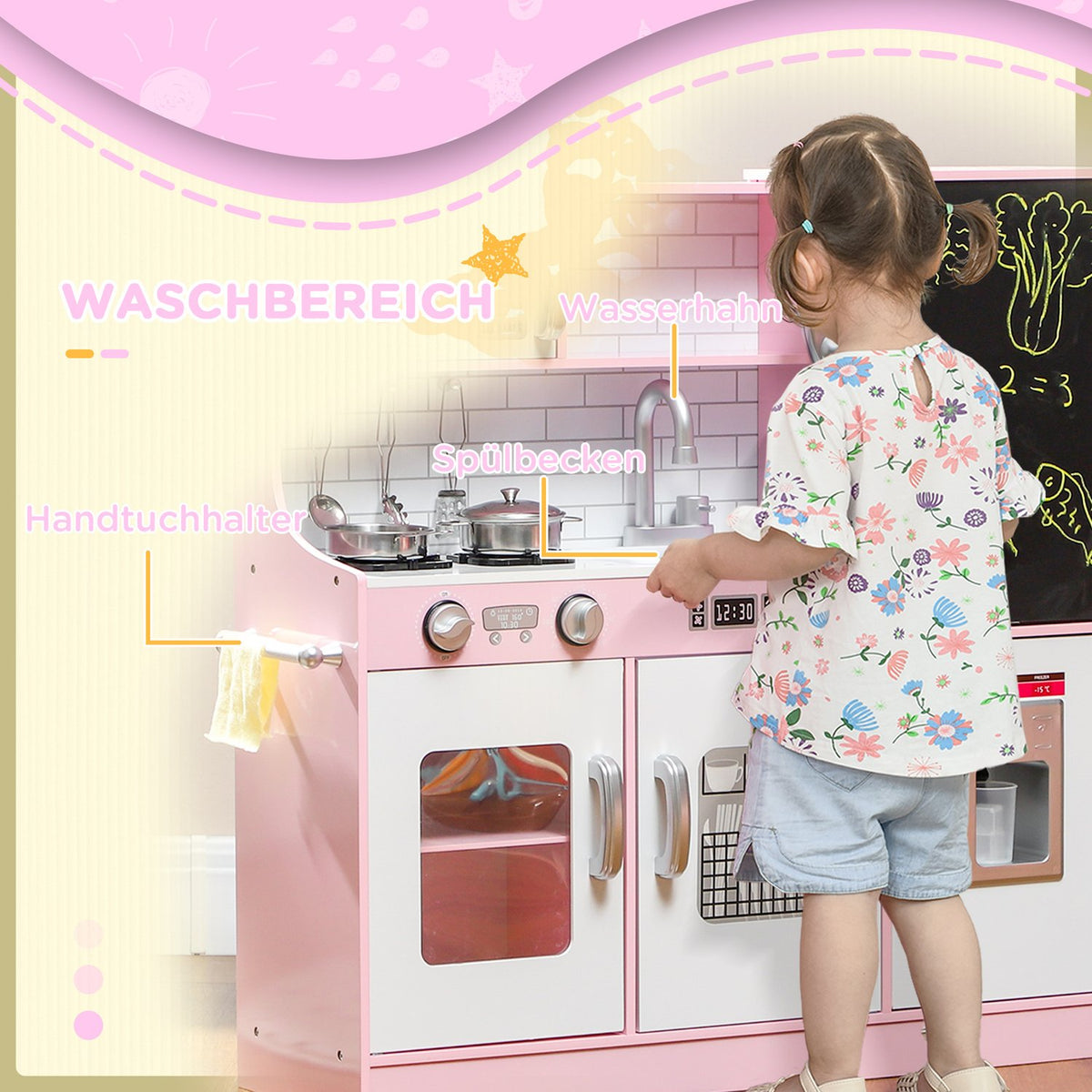 Children's kitchen play kitchen with toy telephone, chalkboard, microwave, stove, sink, doll kitchen with kitchen accessories, ice cube machine for 3-8 years children, pink