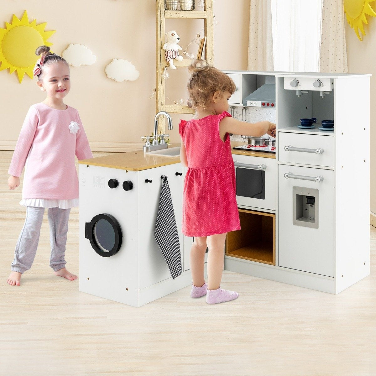 Children's kitchen set play kitchen with light stool coffee machine water dispenser stove