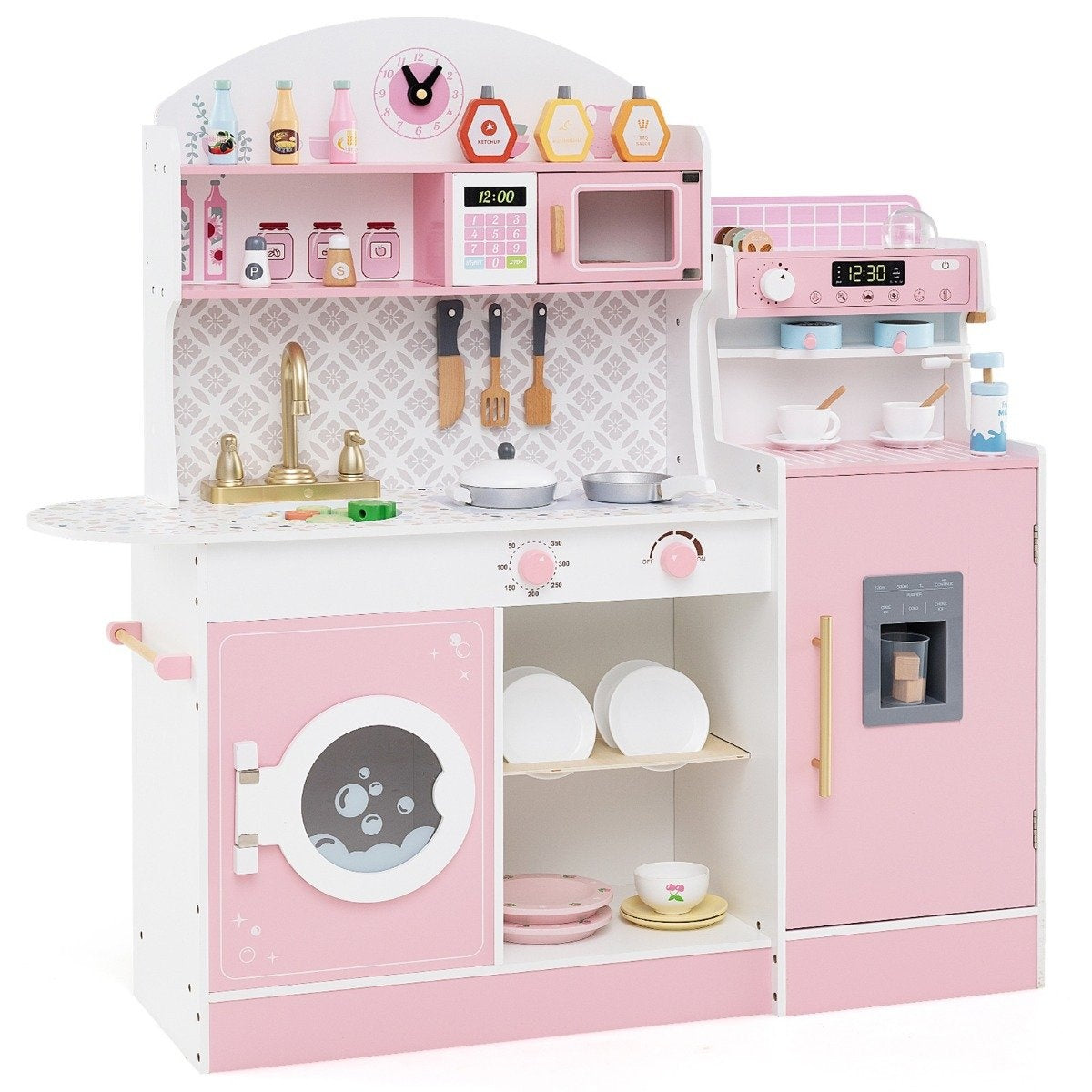 Children's kitchen with 27 accessories, wooden play kitchen with clock, microwave, pink