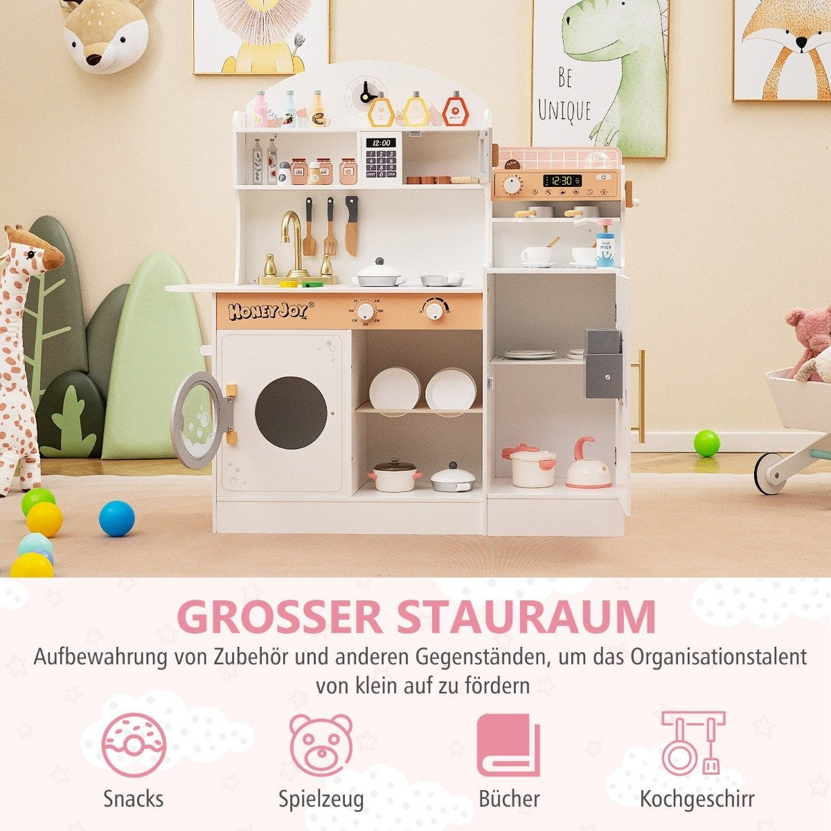 Children's kitchen with 27 accessories, wooden play kitchen with clock, microwave, white