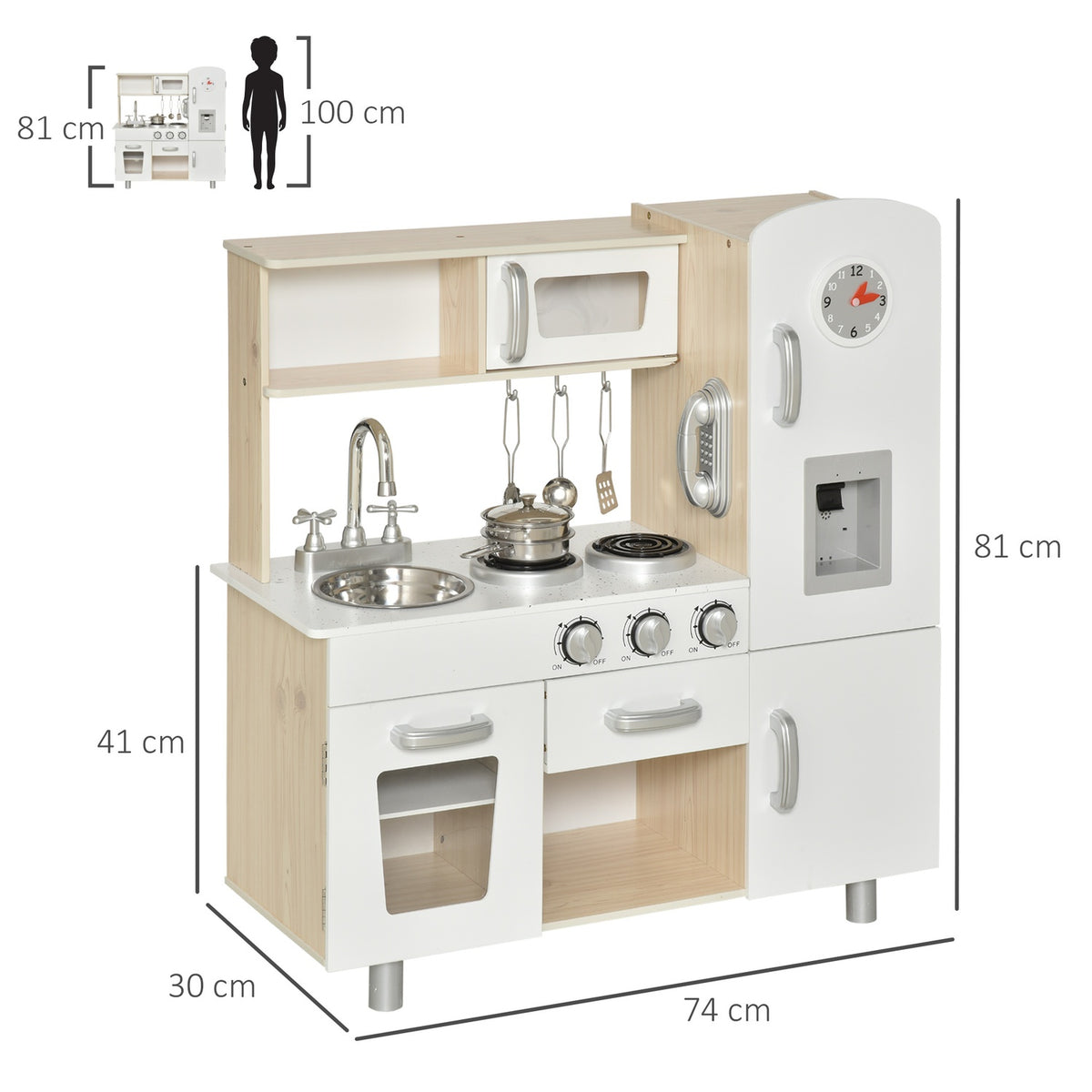 Children's kitchen with accessories, dream kitchen for 3 years+, toy kitchen made of pine & MDF, white, 74 x 30 x 81 cm