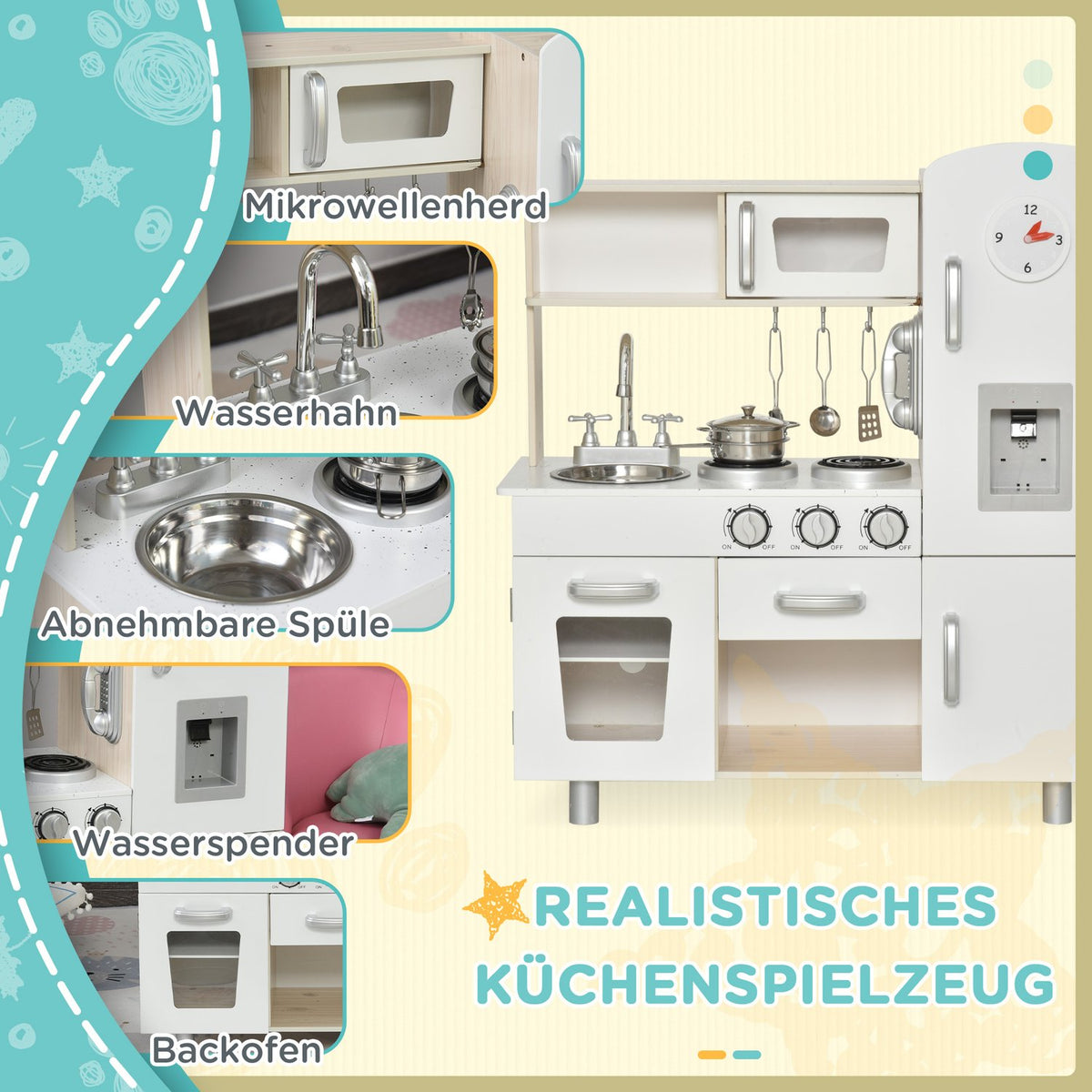Children's kitchen with accessories, dream kitchen for 3 years+, toy kitchen made of pine & MDF, white, 74 x 30 x 81 cm