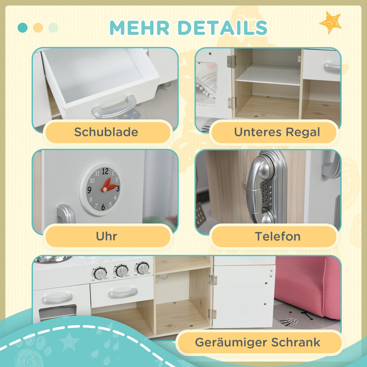 Children's kitchen with accessories, dream kitchen for 3 years+, toy kitchen made of pine & MDF, white, 74 x 30 x 81 cm