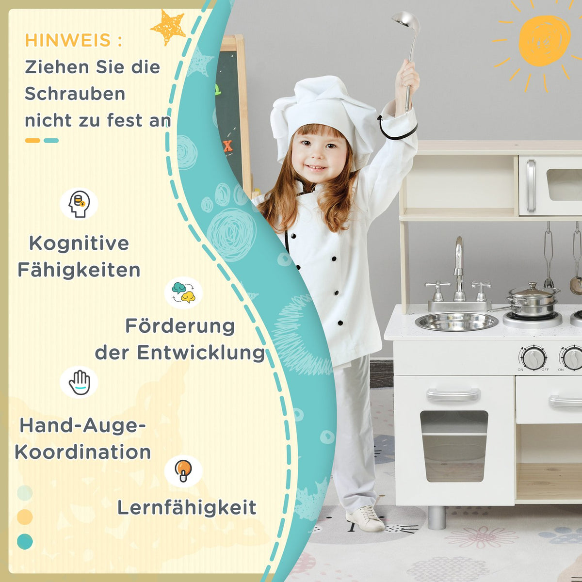 Children's kitchen with accessories, dream kitchen for 3 years+, toy kitchen made of pine & MDF, white, 74 x 30 x 81 cm