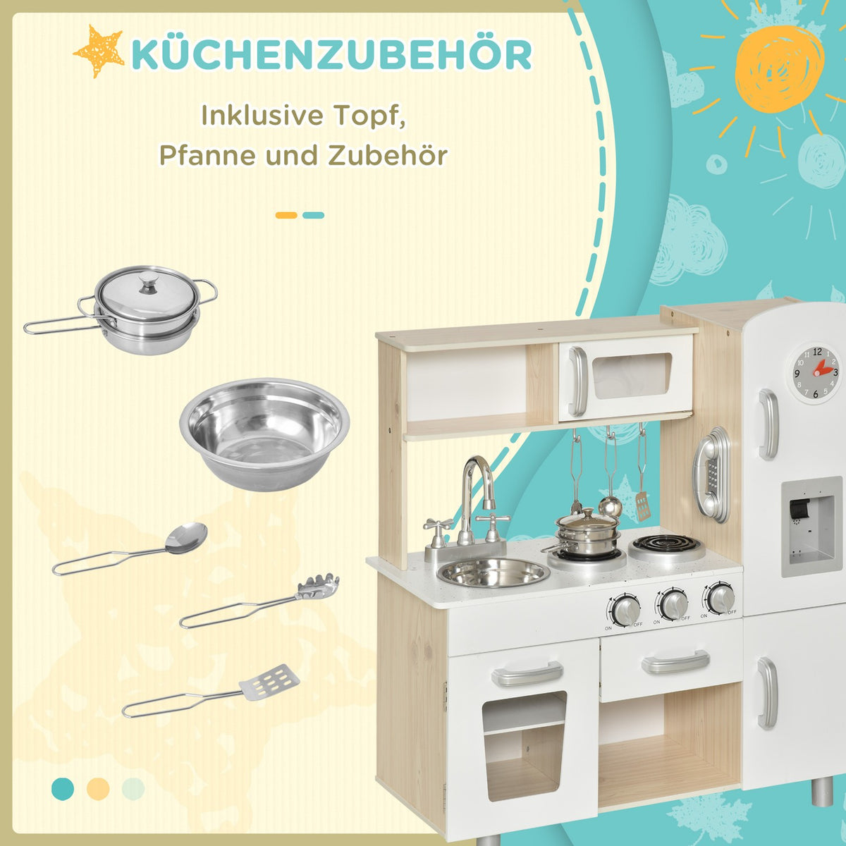 Children's kitchen with accessories, dream kitchen for 3 years+, toy kitchen made of pine & MDF, white, 74 x 30 x 81 cm
