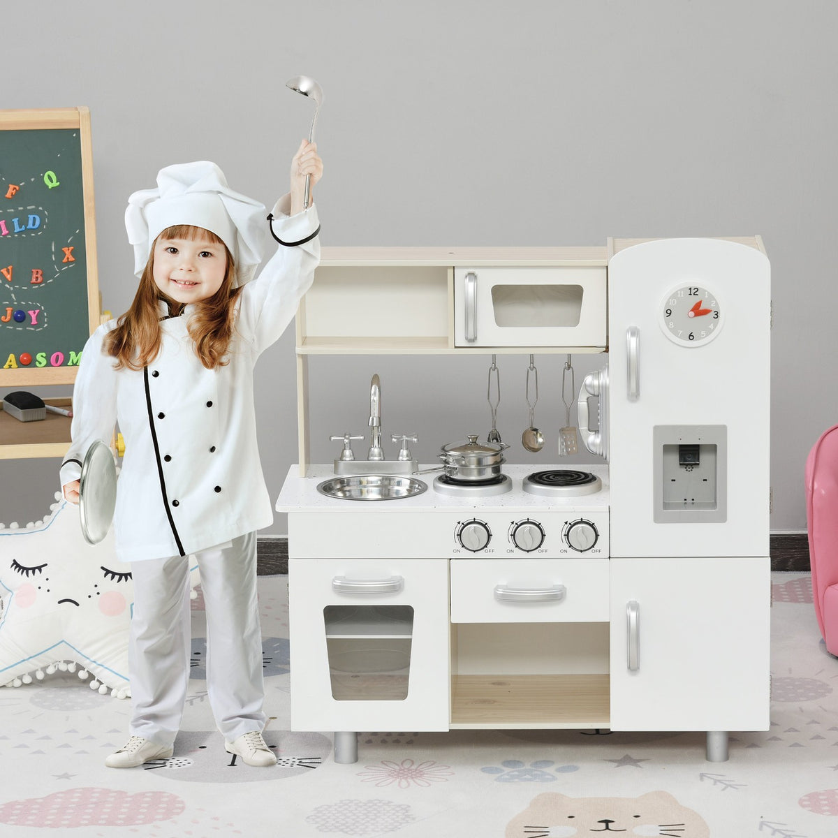 Children's kitchen with accessories, dream kitchen for 3 years+, toy kitchen made of pine & MDF, white, 74 x 30 x 81 cm