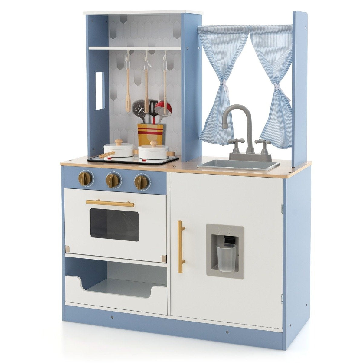 Children's kitchen with curtains & stove & sink & oven & water dispenser Play kitchen for children aged 3 and over.