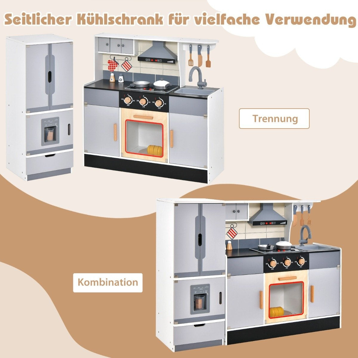Children's kitchen with separable refrigerator & lights & music & sound & 12 accessories refrigerator