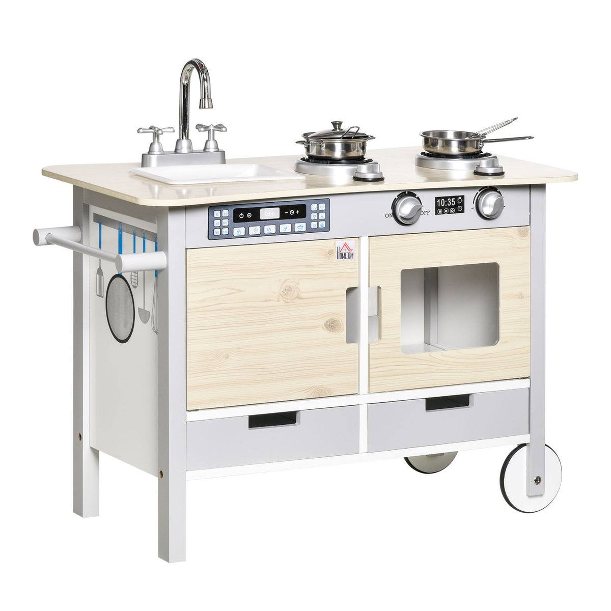 Children's kitchen with wheels play kitchen kitchen trolley 70x40x66.5cm with 2 pots sink cooking bench cupboards and 5 kitchen accessories made of natural wood and gray