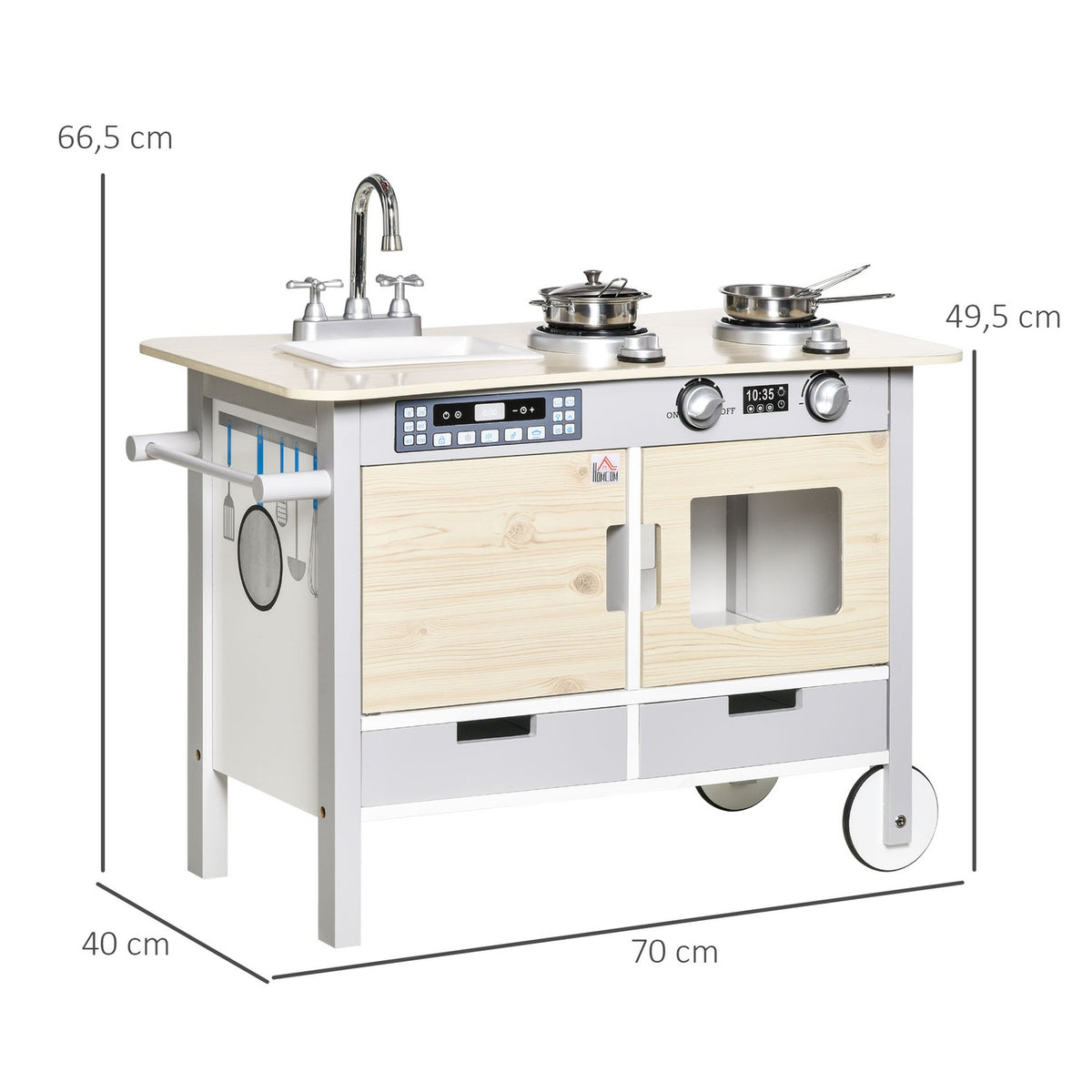Children's kitchen with wheels play kitchen kitchen trolley 70x40x66.5cm with 2 pots sink cooking bench cupboards and 5 kitchen accessories made of natural wood and gray
