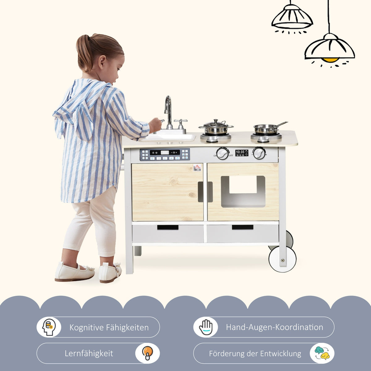 Children's kitchen with wheels play kitchen kitchen trolley 70x40x66.5cm with 2 pots sink cooking bench cupboards and 5 kitchen accessories made of natural wood and gray