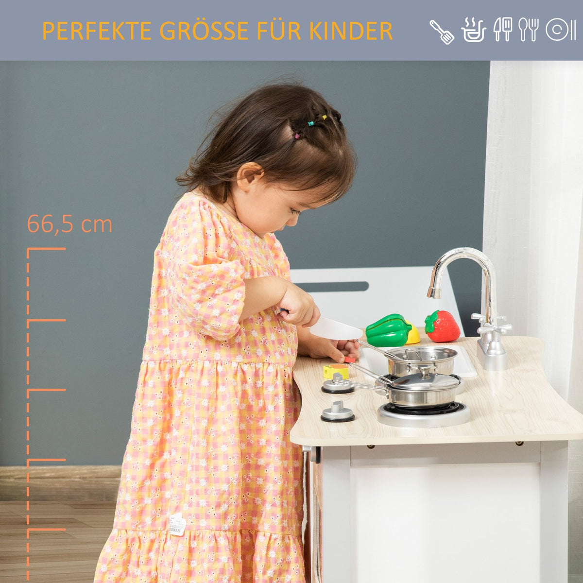 Children's kitchen with wheels play kitchen kitchen trolley 70x40x66.5cm with 2 pots sink cooking bench cupboards and 5 kitchen accessories made of natural wood and gray