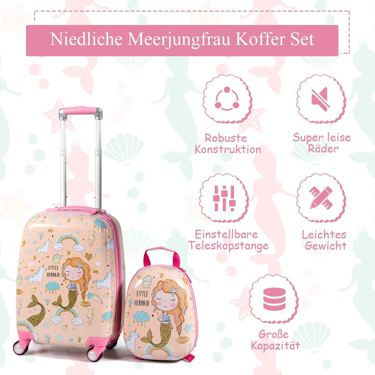 Children's luggage mermaid travel suitcase children's suitcase set with backpack pink