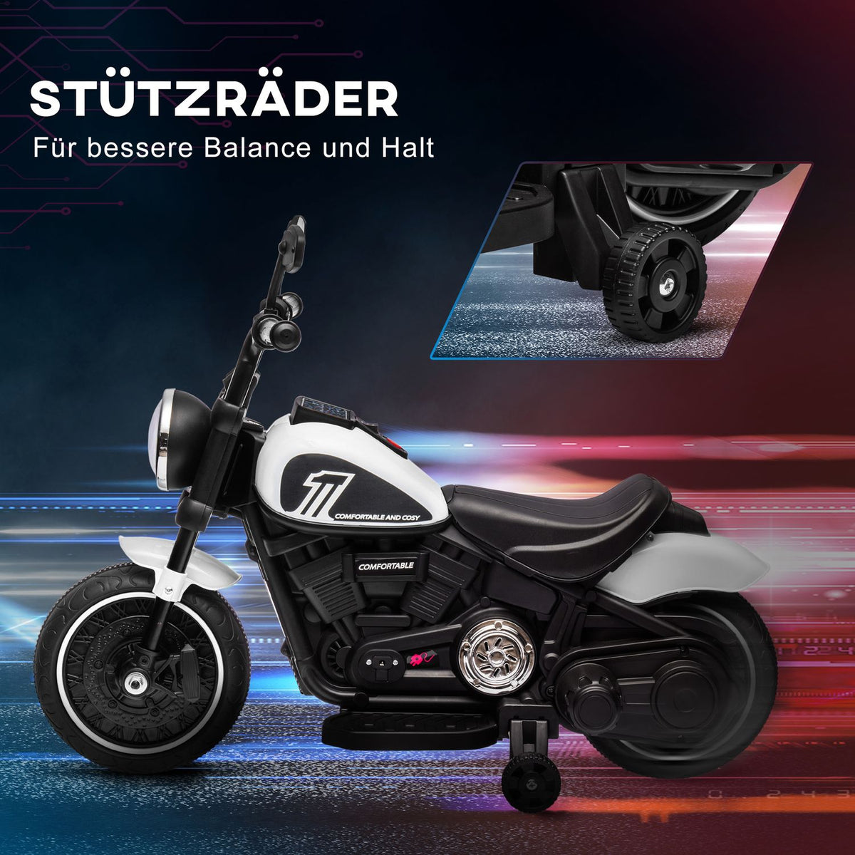 Children's motorcycle children's electric motorcycle electric vehicle children's vehicle with 2 removable support wheels, 3 km/h, for 1.5-3 years children white 76 x 42 x 57 cm