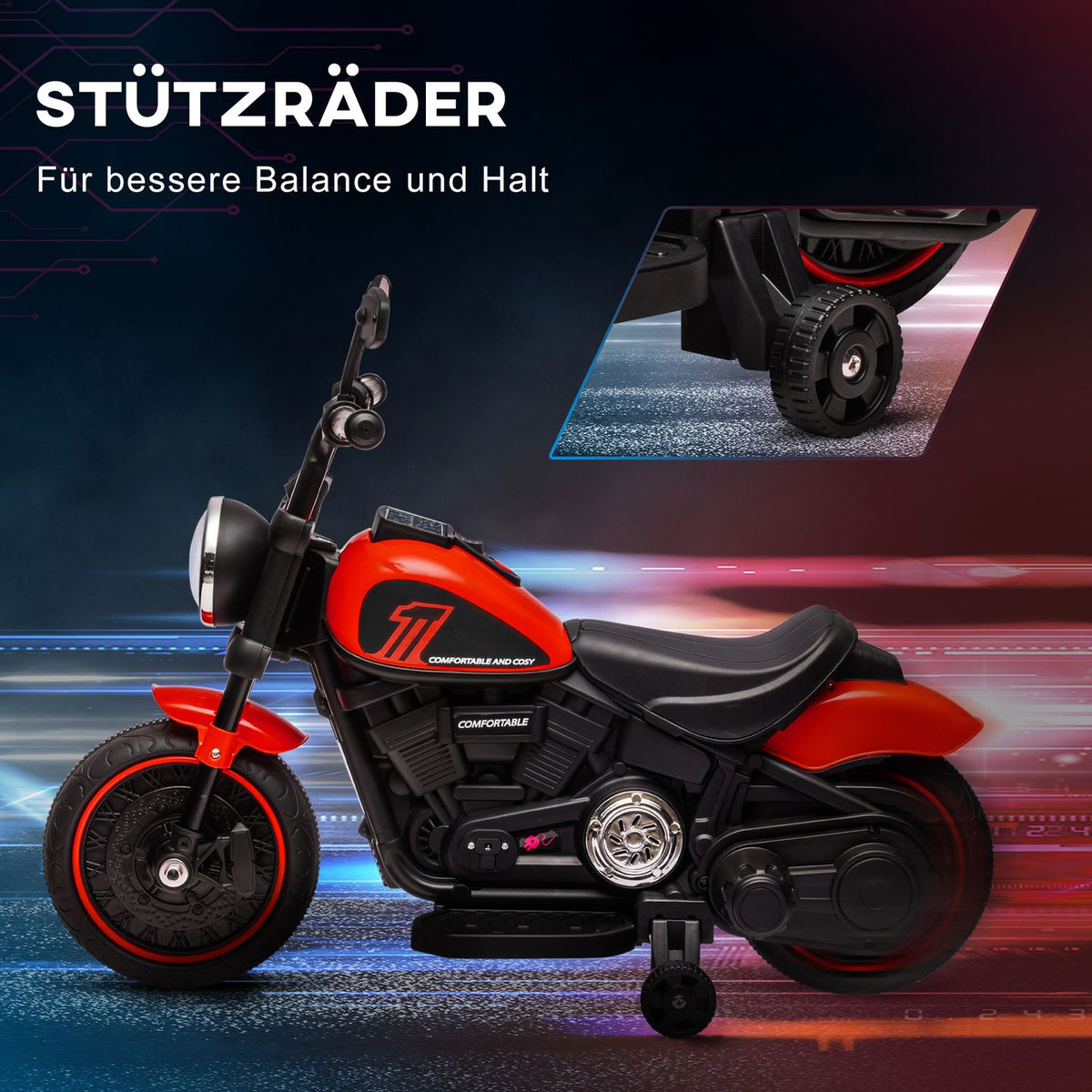 Children's motorcycle children's electric motorcycle electric vehicle children's vehicle with 2 removable support wheels, 3 km/h, for 1.5-3 years, red