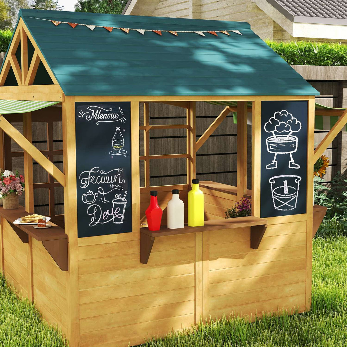 Children's playhouse made of fir wood, foldable house with windows, door, for children aged 3-8 years, brown+blue