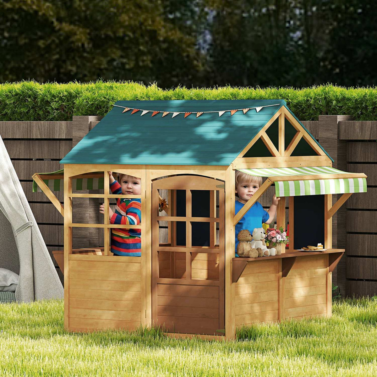 Children's playhouse made of fir wood, foldable house with windows, door, for children aged 3-8 years, brown+blue