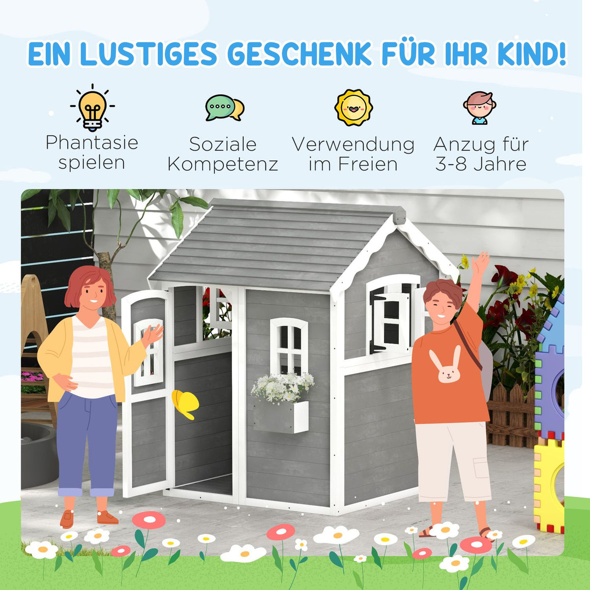 Children's playhouse made of wood, outdoor playhouse with door, window and plant box, children's house, garden house for children 3-8 years