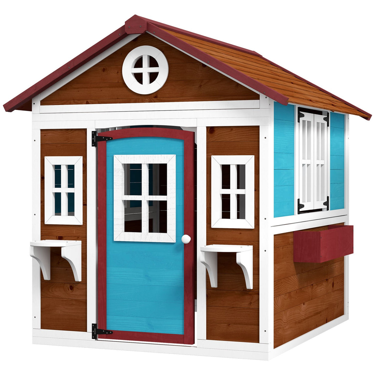 Children's playhouse made of wood, outdoor playhouse with window, flower shelf, plant box and door, garden house for children 3-8 years, dark brown
