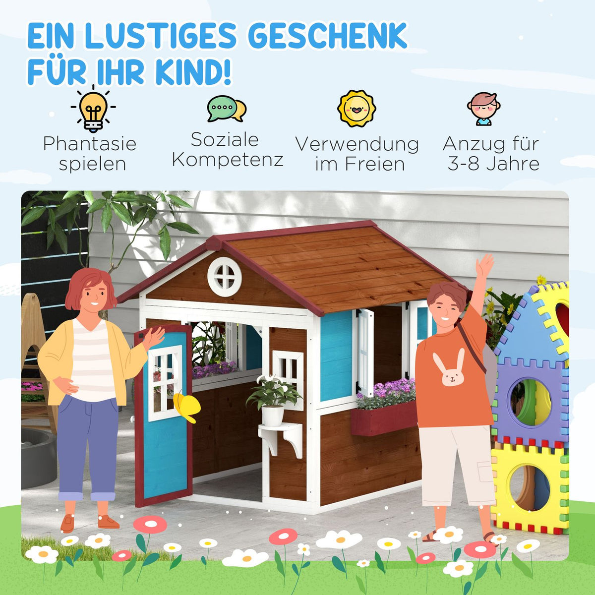 Children's playhouse made of wood, outdoor playhouse with window, flower shelf, plant box and door, garden house for children 3-8 years, dark brown