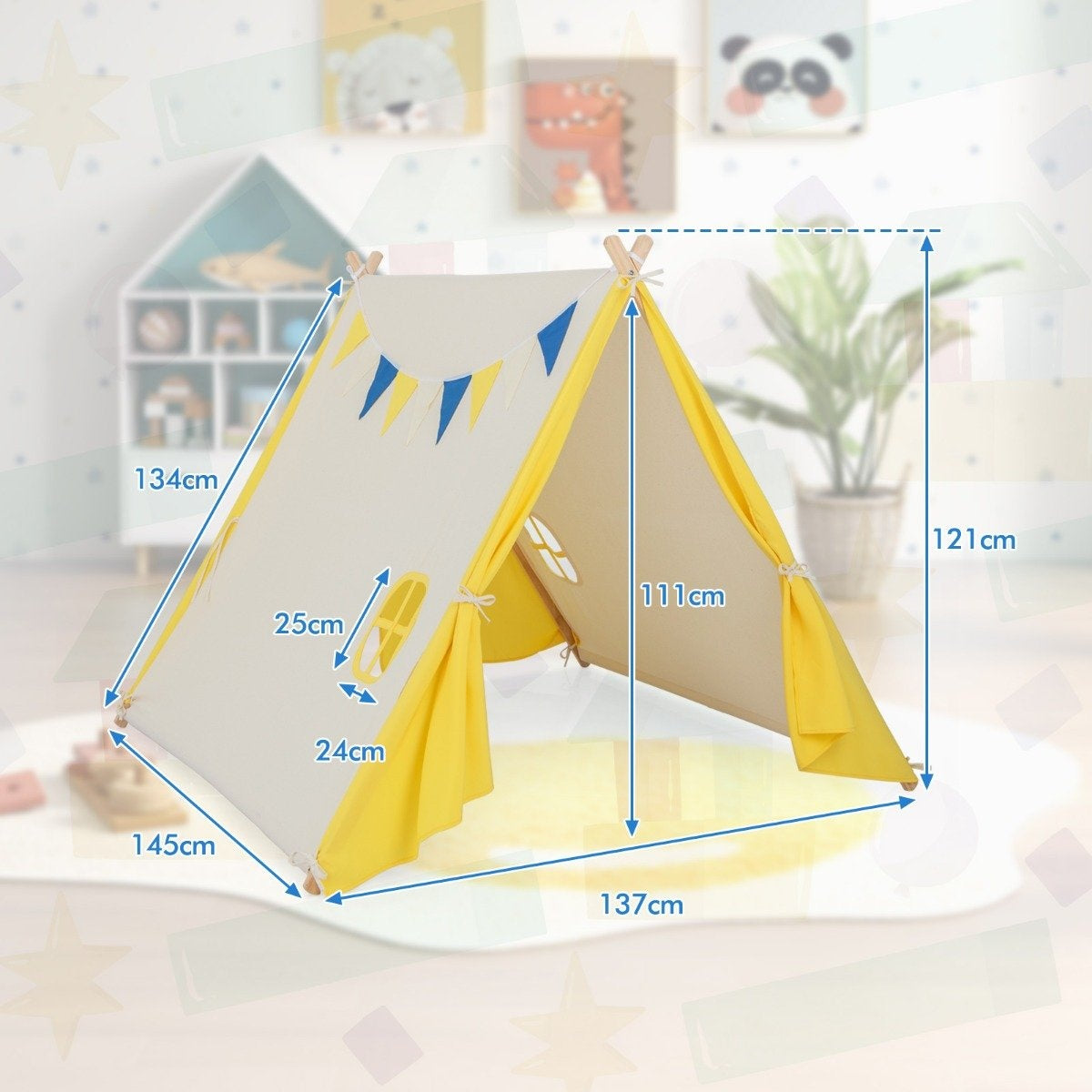 Children's play tent Triangular children's and toddler tent with wooden frame 137 x 145 x 121 cm