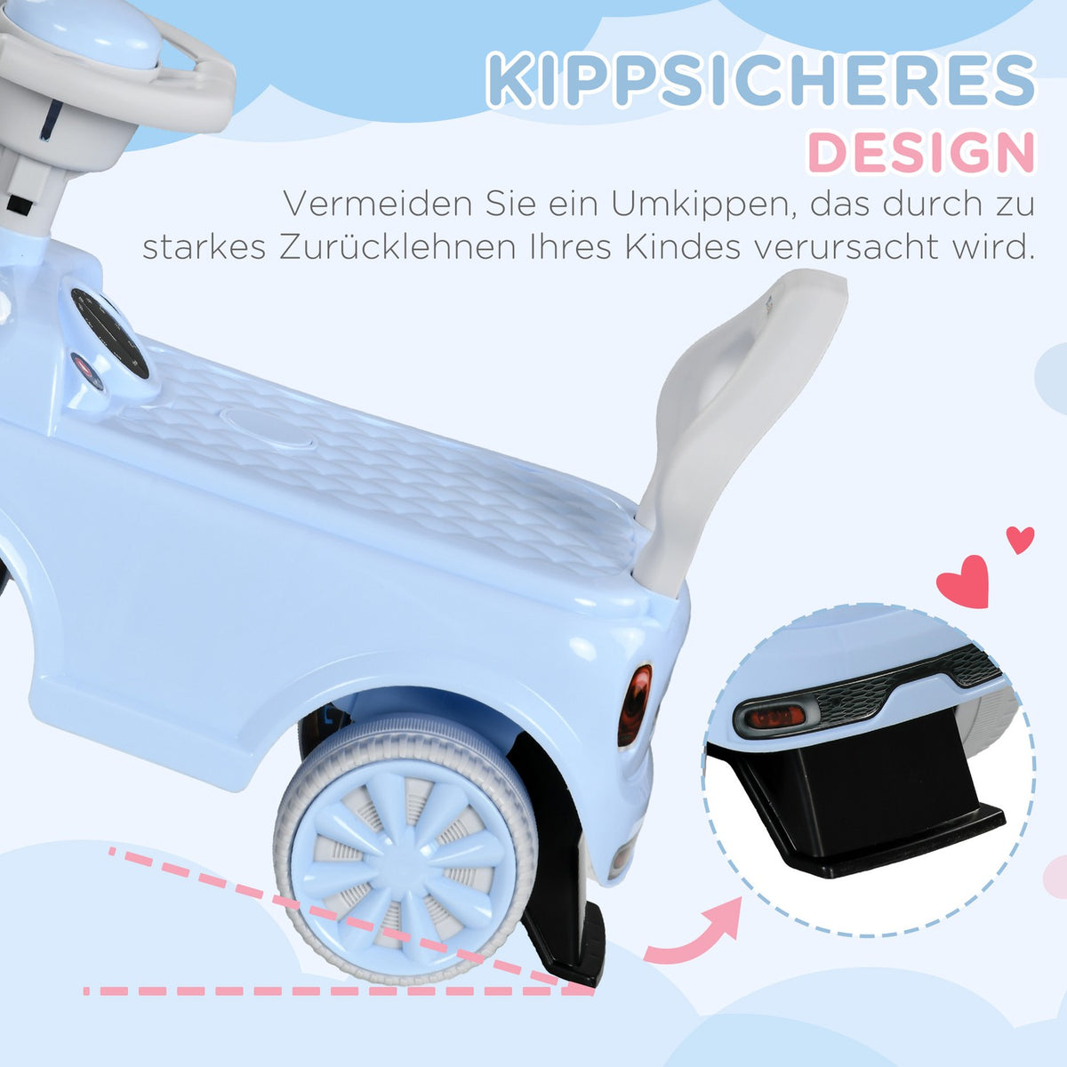 Children's ride-on car, children's vehicle, children's car, ride-on vehicle with tip protection, ride-on for children, light blue, 53 x 52 x 35 cm