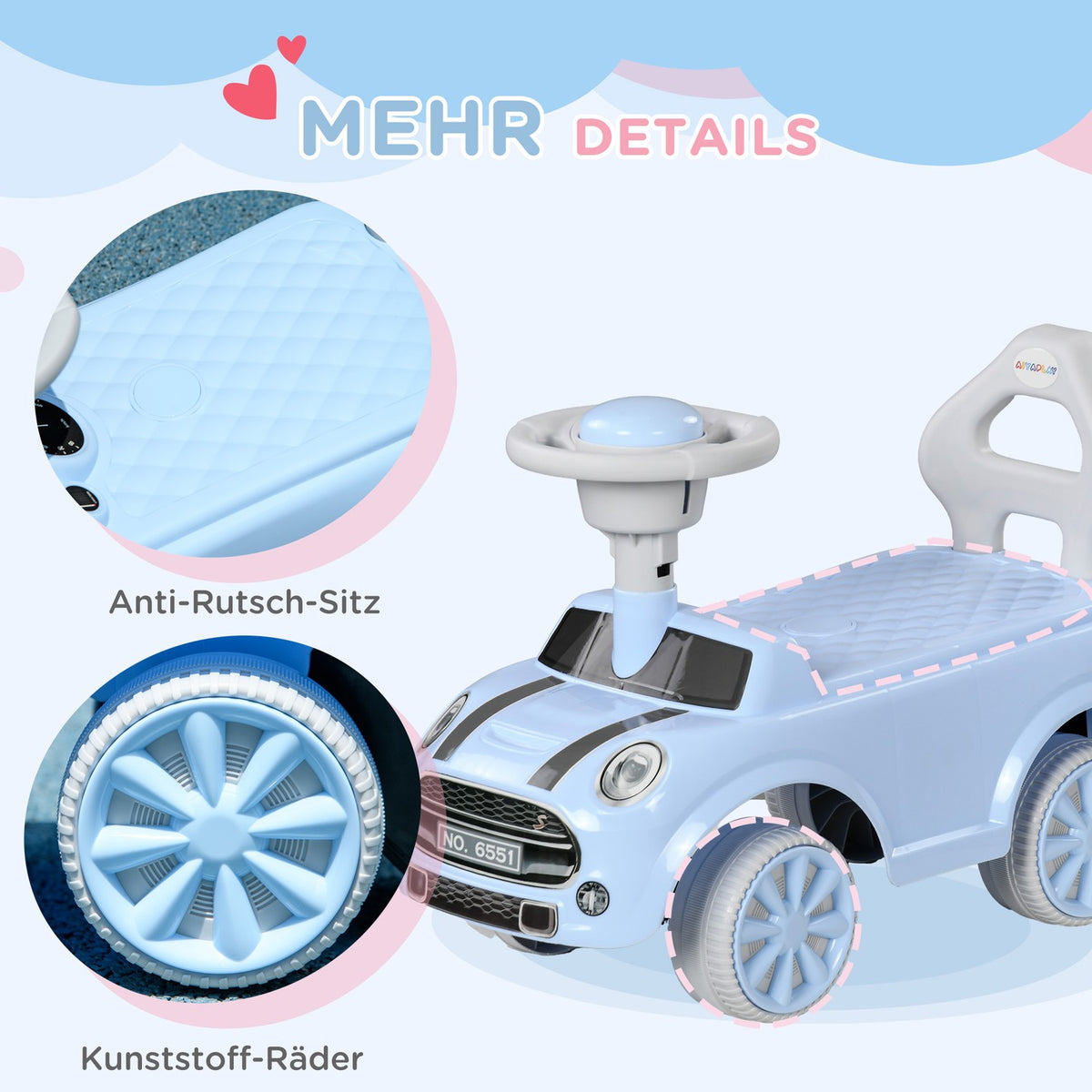 Children's ride-on car, children's vehicle, children's car, ride-on vehicle with tip protection, ride-on for children, light blue, 53 x 52 x 35 cm